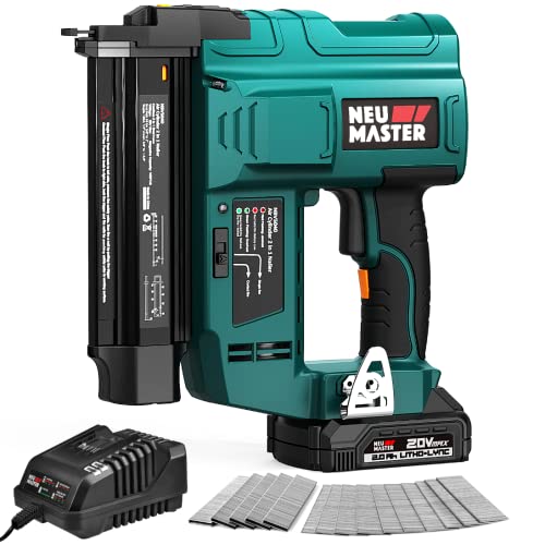 Nail Gun Battery Powered, NEU MASTER 18 Gauge 2 in 1 Cordless Brad Nailer/Staple Gun with 2.0Ah Li-ion Battery, 1000pcs Nails and 500pcs Staples - WoodArtSupply