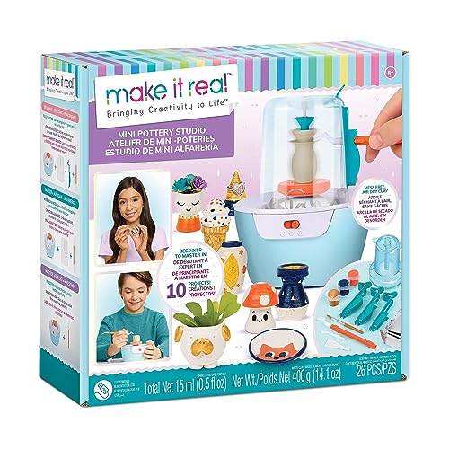 Make It Real: Mini Pottery Studio - 26 pcs DIY Pottery Kit, Mess Free Air Dry Clay, 10 Projects, Tweens, Girls & Kids Ages 8+ - WoodArtSupply