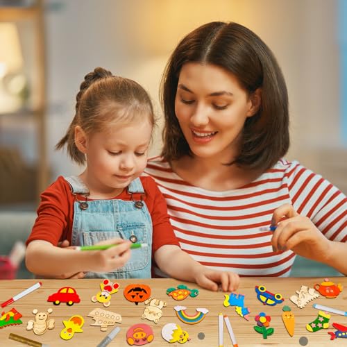 MGparty 36pcs DIY Wooden Magnets Painting Craft Kit, Wooden Art Craft Bulk Toys for Kids Age 3,4,5,6,7,8-12, Christmas Gifts Party Favors Decorate