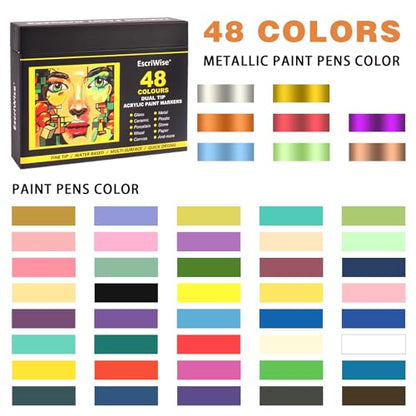 EscriWise 48 Colors Dual Tip Acrylic Paint Pens Set-Permanent Acrylic Paint Markers with Brush and Fine Tip, Water Based Art Paint Pens for Rock