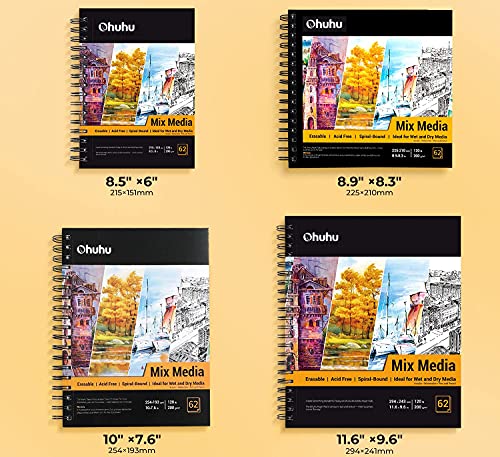 Ohuhu Mixed Media Paper Pad: 11.6"x9.6" Mix Media Sketchbooks, 120 LB/200 GSM Heavyweight Papers, 62 Sheets/124 Pages, Spiral Bound Mixed Media Art Ohuhu