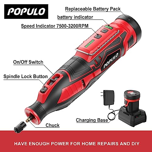 POPULO 12V Cordless Rotary Tool Kit, 5 Variable Speeds, Max Load Speed up to 32000RPM, Powerful Engraver, Sander, Polisher, 114 Easy Change - WoodArtSupply