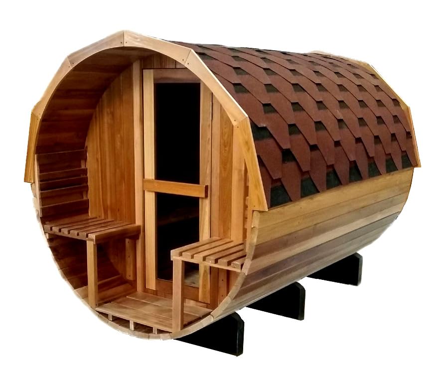 Canadian Pine Wood 8' 6 to 8 Person Outdoor Barrel Sauna with Porch, 9KW Wet Dry 220V Heater, Tempered Glass Door MCP-Distributions