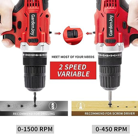 GardenJoy 21V Cordless Power Drill - Electric Drill Set with Battery and Fast Charger, 30pcs Drill/Driver Bits, 2 Variable Speed, 3/8" Keyless Chuck, GardenJoy