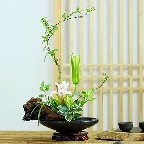 WANDIC Flower Arranging Supplies, Boat Shaped Ceramic Ikebana vases with  4cm Round Flower Frog for Ikebana Floral Arrangement Art Home Decoration