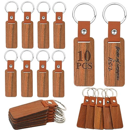 10PCS Leather Wood Keychain Blank, Wooden Keychain Blanks with Leather Strap, Unfinished Wooden Keychains for Laser Engraving, DIY Various Key Tags,