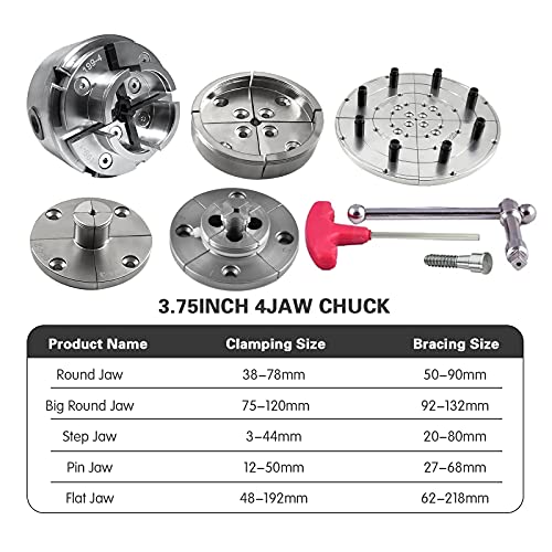 Aogbra 3.75-Inch 4-Jaw Wood Turning Lathe Nickel Plated Chuck and Laser Etched Jaw Set with T Bar Wrench and 6 Point Star Fasteners (1 Inch x 8TPI - WoodArtSupply