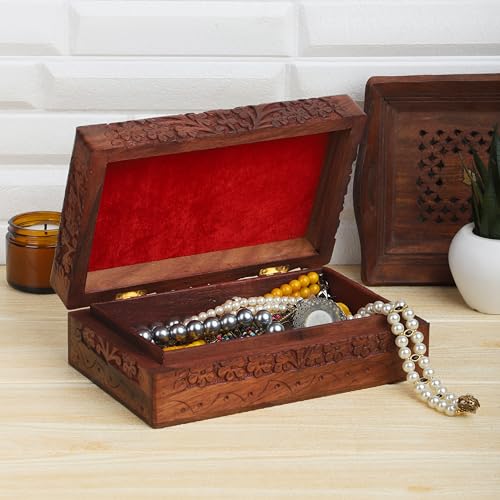 Ajuny Handcarved Wooden Decorative Treasure Chest Box Tree Pattern - Multipurpose Use As Jewelry Storage, Watch Box, Great for Gifts - Brown, 8X5 Ajuny