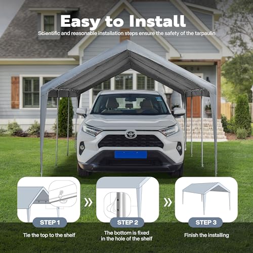 VIVOHOME 12x20ft Carport Replacement Canopy Cover, 180G Waterproof & UV Protected Tarp with 48 Elastic Buckles Suit for Garage Shelter, Frame is Not VIVOHOME