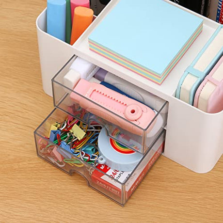 LETURE Desk Organizer with 2 Drawer, Plastic Desktop Pen Pencil Card Holder Storage Box for Desk, Office Supplies, Vanity Table Office School Home LETURE