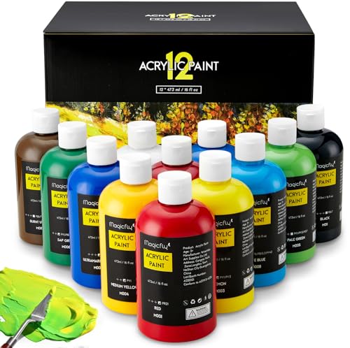 Magicfly Acrylic Paint 12 Colours/473ml, Large Bottles Acrylic Paint Set Rich Pigment Colours for Artists, Beginners, Amateurs on Glass, Stone, Magicfly