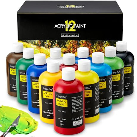 Magicfly Acrylic Paint 12 Colours/473ml, Large Bottles Acrylic Paint Set Rich Pigment Colours for Artists, Beginners, Amateurs on Glass, Stone, Magicfly