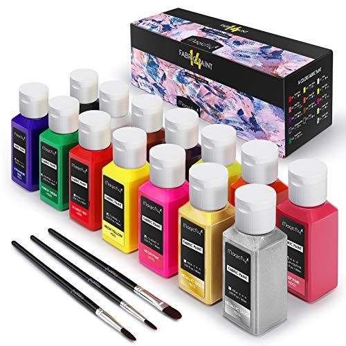 Magicfly Permanent Soft Fabric Paint Set, Set of 14(60ml Each) Textile Paints with 3 Brushes, No Heating Needed & Washable Fabric Paint for Clothes, - WoodArtSupply