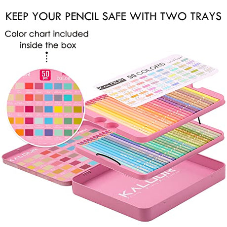KALOUR Macaron Pastel Colored Pencils,Set of 50 Colors,Artists Soft Core,Ideal for Drawing Sketching Shading,Coloring Pencils for Adults Kids KALOUR