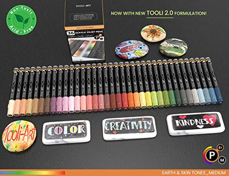 36 Acrylic Paint Pens Skin and Natural Earth Tone Marker Set For Rock Painting, Canvas, Mugs, Glass, Plastic, Wood, Metal, Fabric, Scrapbooking, Most TOOLI-ART