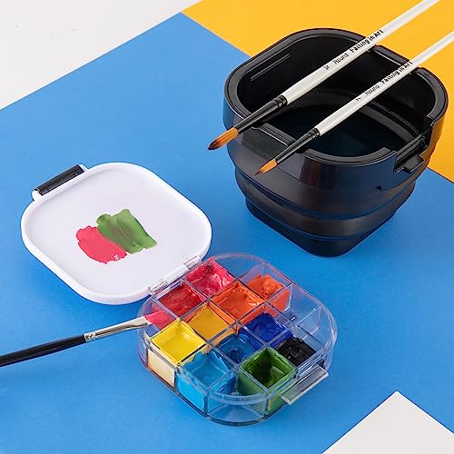 Falling in Art 16 Wells Paint Palette, Airtight Palette Storage Box with Lid and Folding Paint Brush Basin for Watercolor, Gouache and Acrylic - WoodArtSupply