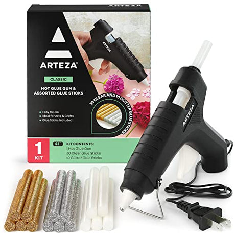 Arteza Glue Gun, 40W, 30 Clear and 10 Glitter Glue Sticks, Built-in Stand, Arts & Crafts and Scrapbooking Supplies ARTEZA