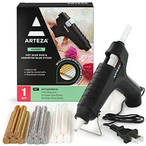 Arteza Glue Gun, 40W, 30 Clear and 10 Glitter Glue Sticks, Built-in Stand, Arts & Crafts and Scrapbooking Supplies - WoodArtSupply