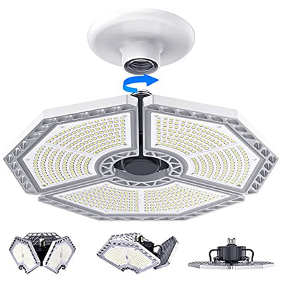 LED Garage Lights, 140W 18500 Lumens Garage Lighting, 6000K Daylight with Deformable Three Panels Garage Ceiling Light Fixture E26/E27 Triple Glow
