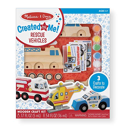 Melissa & Doug Created by Me! Rescue Vehicles Wooden Craft Kit - Decorate-Your-Own Police Car, Fire Truck, Helicopter - WoodArtSupply