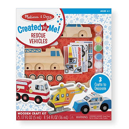 Melissa & Doug Created by Me! Rescue Vehicles Wooden Craft Kit - Decorate-Your-Own Police Car, Fire Truck, Helicopter - WoodArtSupply