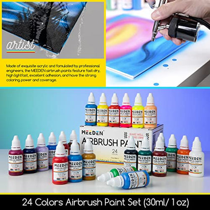 MEEDEN Airbrush Kit with Compressor, Professional and Quiet Airbrush System with 3 Dual-Action Airbrushes, 24 Colors Airbrush Paint, Hose, Holder, - WoodArtSupply