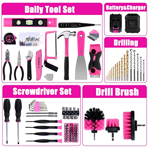 ThinkLearn Tool Kit with 20V Cordless Drill(265in-lbs), Pink Drill Set for Women, Lady's Home Tool Kit for DIY, Daily Repair Tool Set as a Creative ThinkLearn