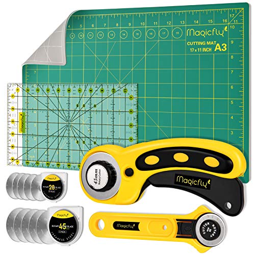 Magicfly Rotary Cutter Set, 45mm and 28mm Fabric Cutters Kit with Extra 10 Blades, A3 Double-Sided Self Healing Cutting Mat, 12x6 Inch Quilting Ruler Magicfly