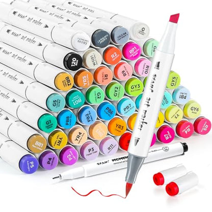 Brush Tip Alcohol Markers Set - 49 Colors Dual Tip Permanent Art Markers for Adult Coloring Artist Sketching Illustration Drawing, Alcohol Based