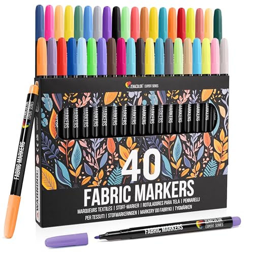 Zenacolor 40 Fabric Markers Pens Set - Non Toxic, Indelible and Permanent Fabric Paint - Fine Point Tip Textile Marker Pen Zenacolor