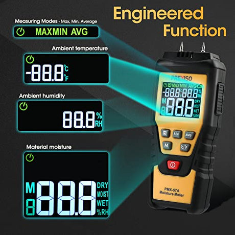 PREXISO Wood Moisture Meter - 7 in 1Digital Moisture Meter for Firewood, Woodworking, Walls, Home, Drywall, Paper, Floor - Moisture Reader, Pin-Type Prexiso