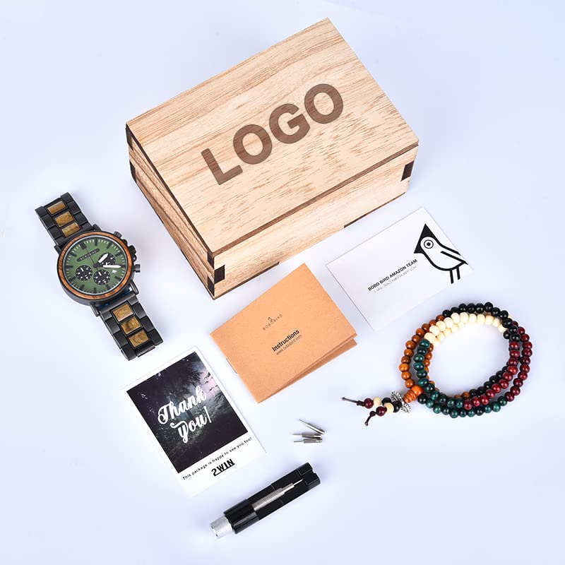 2win Engraved Wooden Watch Stylish Green Dial Design Personalized Wood Watches for Men Husband Boyfriend Fiancé Dad Customized Anniversary Birthday - WoodArtSupply