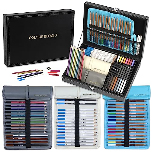 COLOUR BLOCK 91pc Travel Friendly Drawing Pencil Set, Sketching, Coloring, Charcoal Pencils, Soft Pastels, Sketch Book, Art Supply Kit for Kids Teens COLOUR BLOCK
