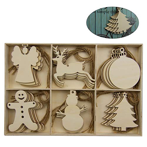 LUOEM 30pcs Wooden Christmas Hanging Ornaments Wood Angel Deer Ball Child Snowman Christmas Tree Cutout Hanging Embellishments Xmas Tree Hanging LUOEM