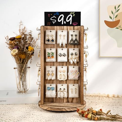 Pinzoveco Rotating Earring Display Stands for Selling with Adversitsing Board, Real Wood Jewelry Display Stand for Vendors, Large Capacity Earring