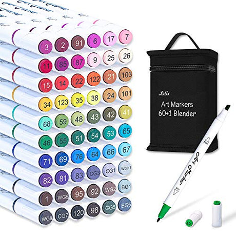 Lelix 61 Colors Alcohol Art Markers, 60 Colors Plus 1 Blender Dual Tip Permanent Marker Pens Highlighters Perfect for Kids Adults Artist Drawing Lelix
