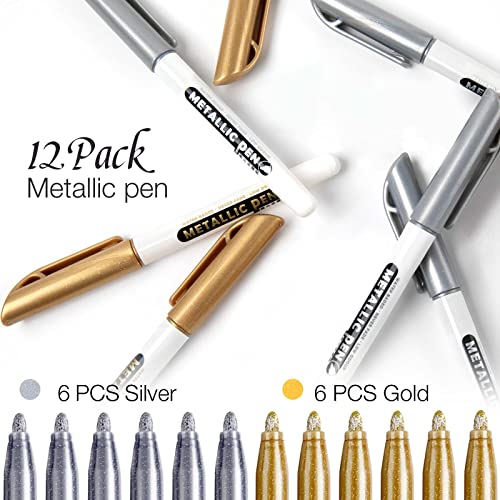 JR.WHITE Metallic Markers Pens, Silver and Gold Paint Pens, Value Set of 12 Metallic Pens for Black Paper, Glass, Rock Painting, Halloween Pumpkin, JR.WHITE
