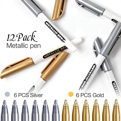 JR.WHITE Metallic Markers Pens, Silver and Gold Paint Pens, Value Set of 12 Metallic Pens for Black Paper, Glass, Rock Painting, Halloween Pumpkin, - WoodArtSupply