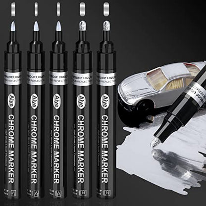 5 Chrome Paint Pen - Mirror Chrome Marker for Plastic Model Metal Repair Kit Tire DIY, Liquid Chrome Pen, Metallic Silver Permanent Marker
