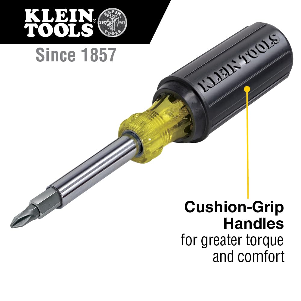 Klein Tools 32500 11-in-1 Screwdriver / Nut Driver Set, 8 Bits (Phillips, Slotted, Torx, Square), 3 Nut Driver Sizes, Cushion Grip Handle - WoodArtSupply