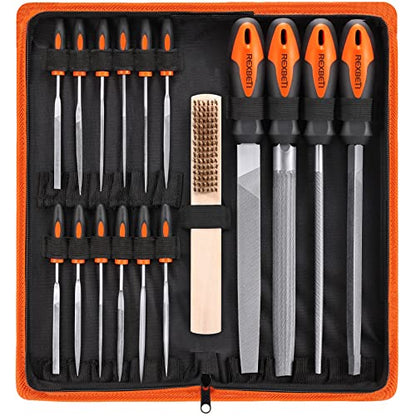 REXBETI 25Pcs Metal File Set, Premium Grade T12 Drop Forged Alloy Steel, Flat/Triangle/Half-round/Round Large File and 12pcs Needle Files with Carry