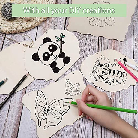 YRONTY 12Pcs Small Unfinished Wood Boards, 6 Shapes of Blank Wood Signs Wood Plaques with Hanging Ropes for DIY Crafts, Painting, and Christmas Home YRONTY