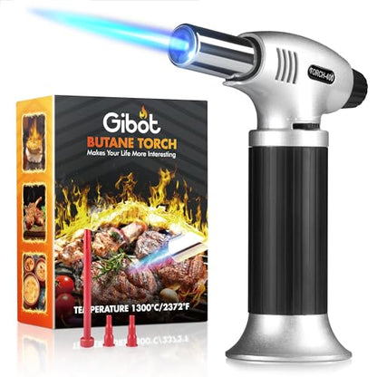 Gibot Butane Torch,Kitchen Torch Cooking Torch Creme Brulee Torch, Refillable Adjustable Flame Lighter with Safety Lock for DIY, Creme, Brulee, BBQ - WoodArtSupply