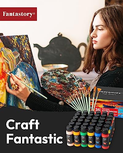 Fantastory Acrylic Paint Set 36 Colors(2oz /60ml) with 12 Brushes,  Professional Craft Thick Paints Kits for Adults and Kids, Canvas Wood  Fabric