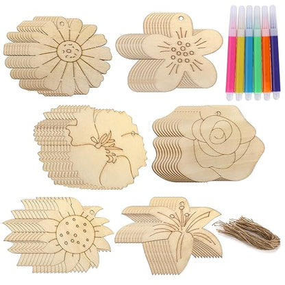 Peohud 60 Pieces Wooden Flower Cutouts, Unfinished Sunflower Wood Slices, Blank Wooden Paint Crafts for Painting, DIY Crafts, Wedding, Party, School,