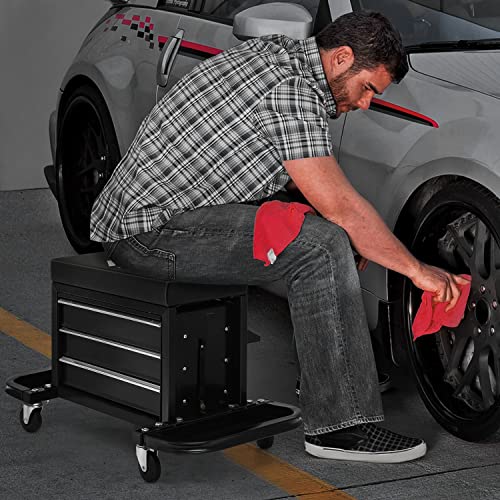 Magshion Rolling Stool with 3-Drawer Toolbox Padded Mechanic Stool Creeper Seat with Foldable Tool Tray 350 lbs Capacity Garage Workshop Stool - WoodArtSupply