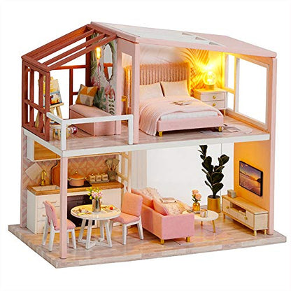 Fsolis DIY Dollhouse Miniature Kit with Furniture, 3D Wooden Miniature House with Dust Cover, Miniature Dolls House kit 1:36 (QL03)