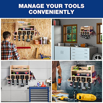WORKPRO Power Tool Organizer, Cordless Drill Holder Storage Wall Mount with 5 Drill Hanging Slots, Screwdriver Rack, Solid Wooden Tool Storage for