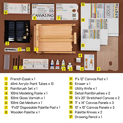 MEEDEN Art Set with French Easel for Professional Artist,Supplies Acrylic Painting(10-60ML) Kit with Paintbrushes for Adults,Pre Painter and Canvas - WoodArtSupply