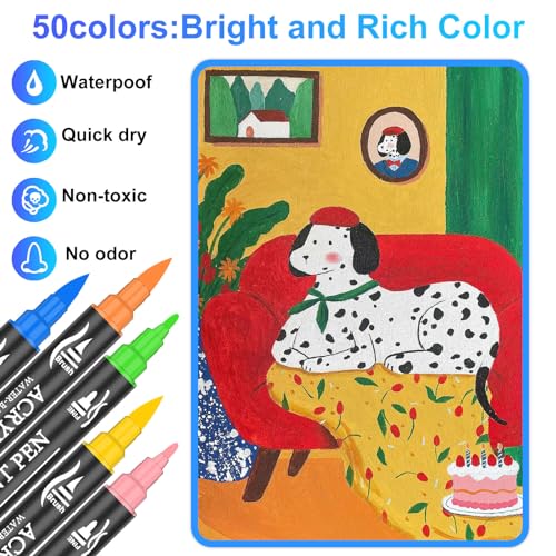 Oficrafted 50 Colors Acrylic Paint Pens Markers, Dual Tip Acrylic Markers with Fine Tip and Brush Tip, Premium Acrylic Paint Pens Set for Rock, Wood,